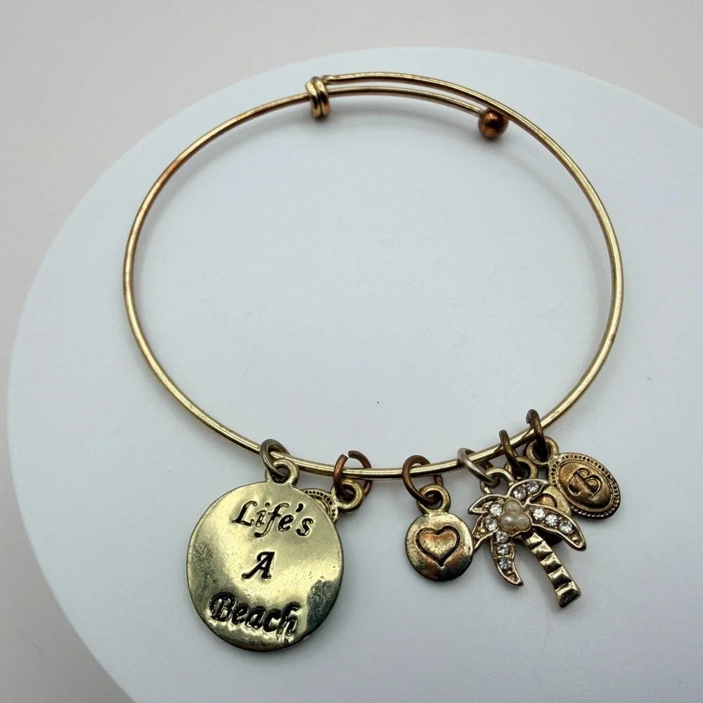 Vintage 90s Gold Tone Bangle Bracelet Palm Tree Heart Life's A Beach Charm Glass